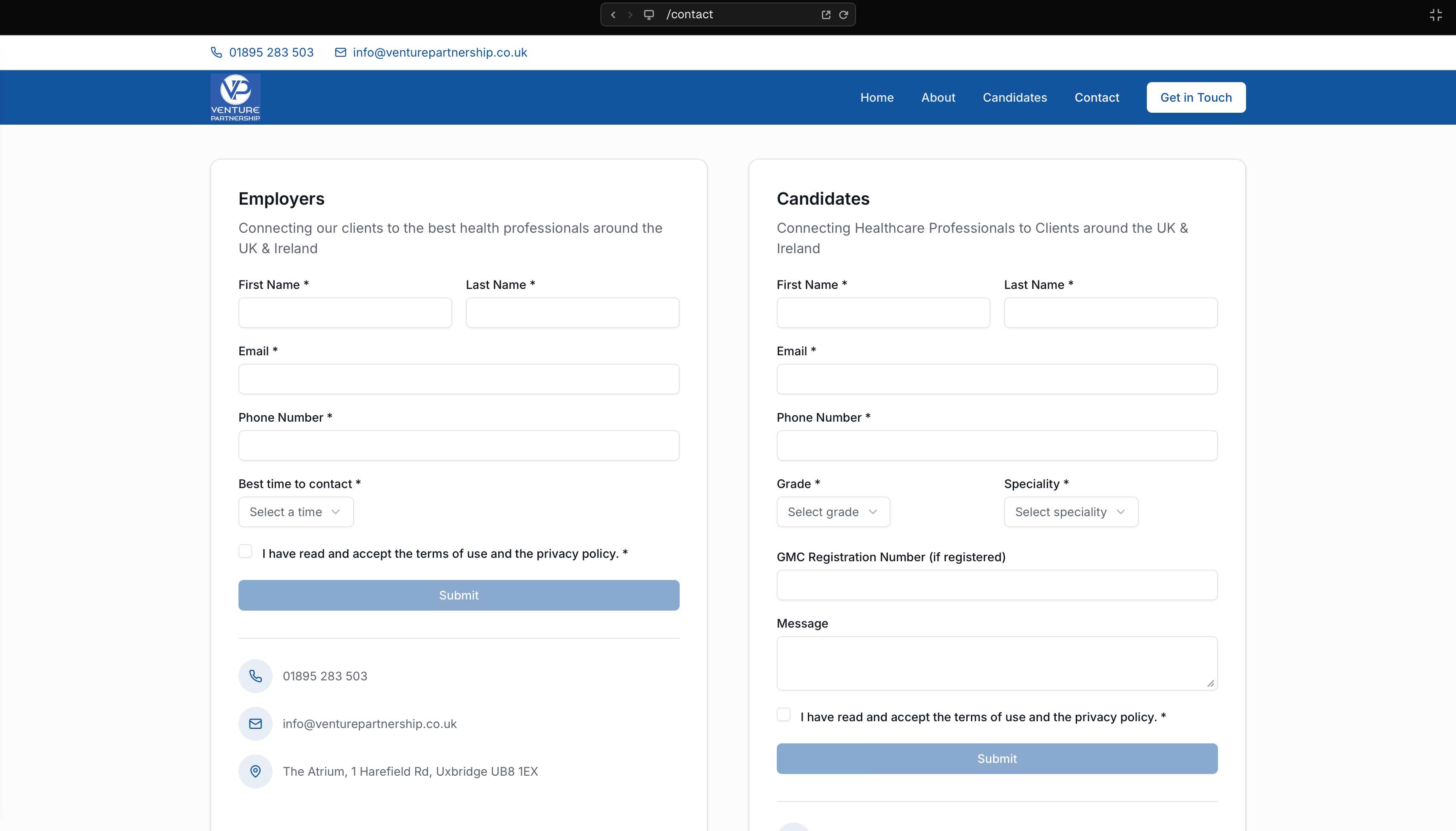 Venture Partnership Contact - Employers and Candidates forms