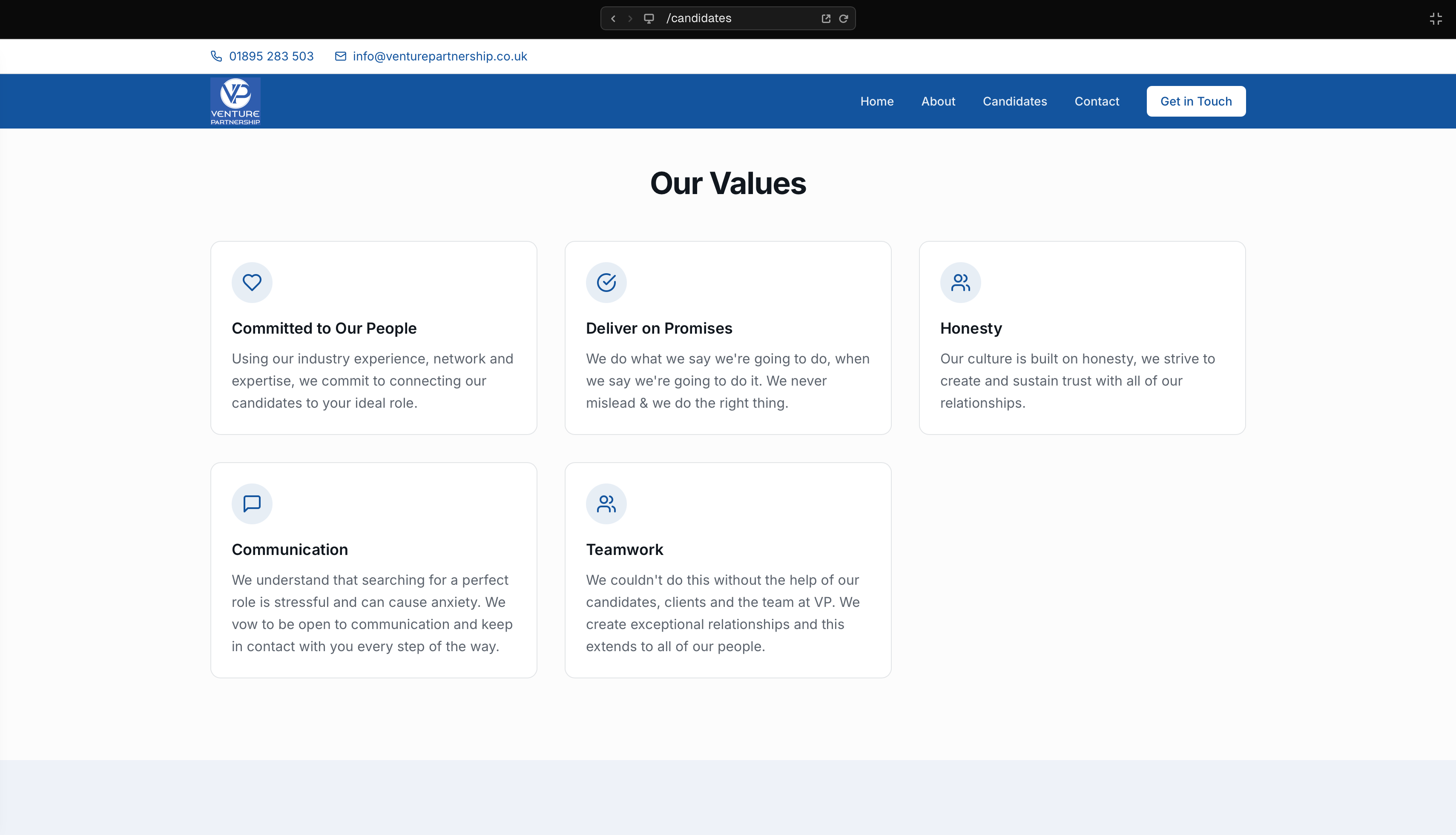 Venture Partnership Our Values - Company values section